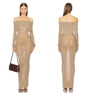 Helsa Justin Knit Off the Shoulder Sheer Long Sleeve Beige Maxi Dress Size XS